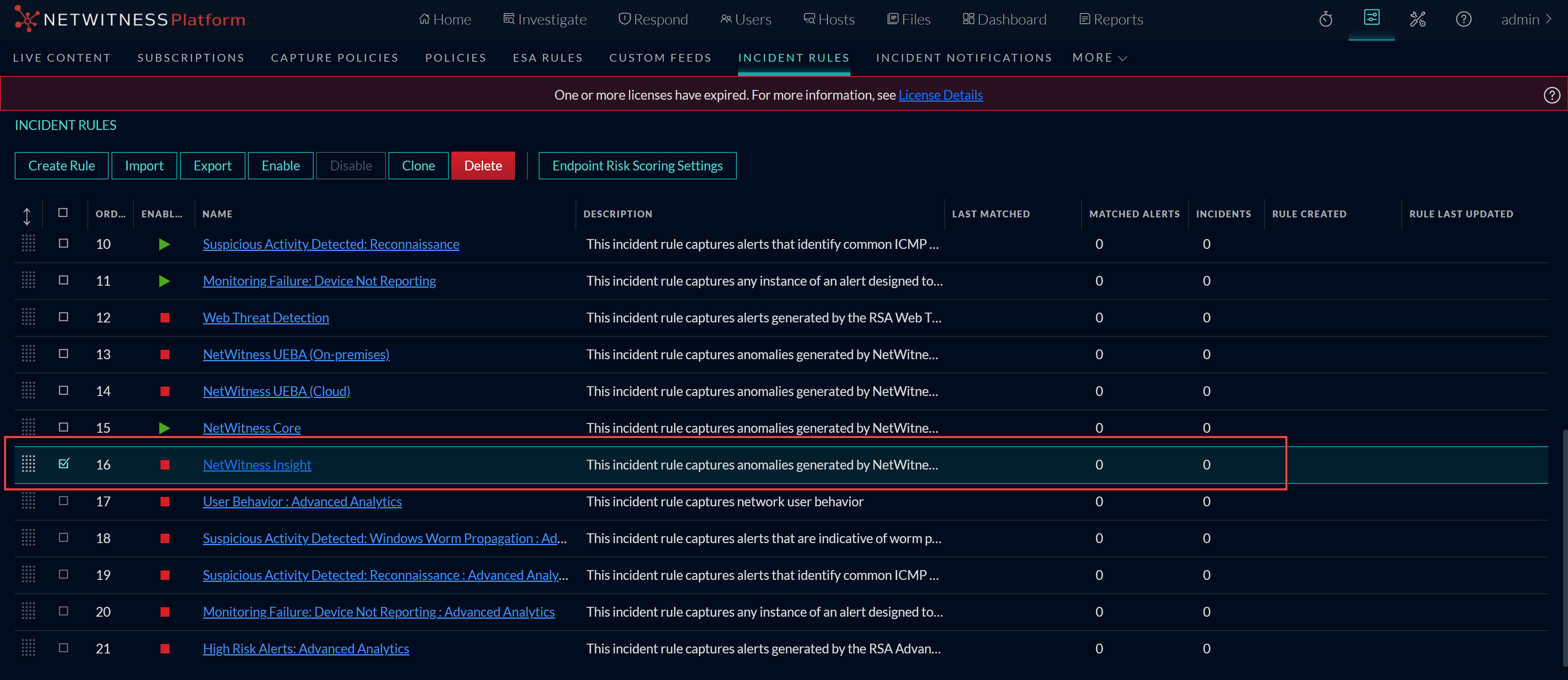 how to enable Insight incident rules