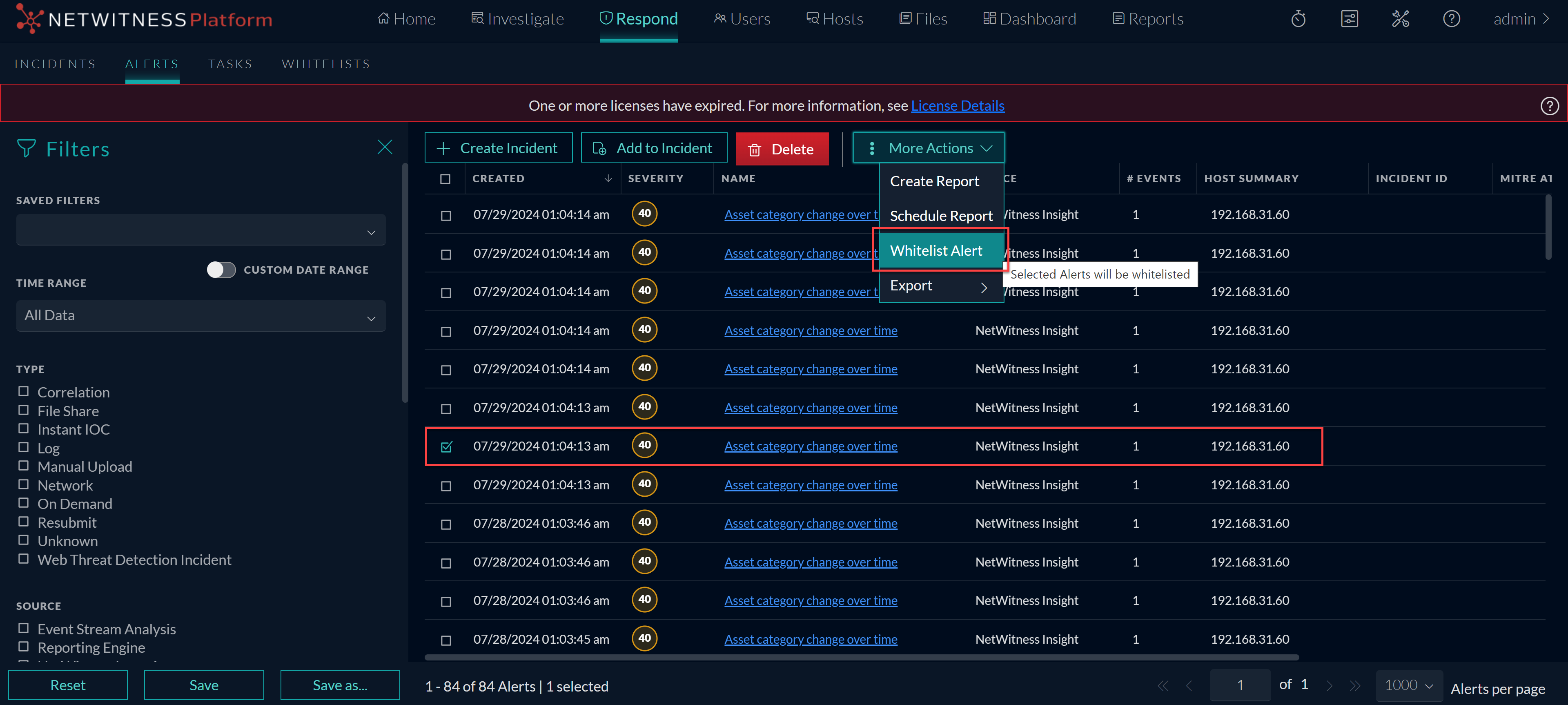 Select Insight Alerts for Whitelisting