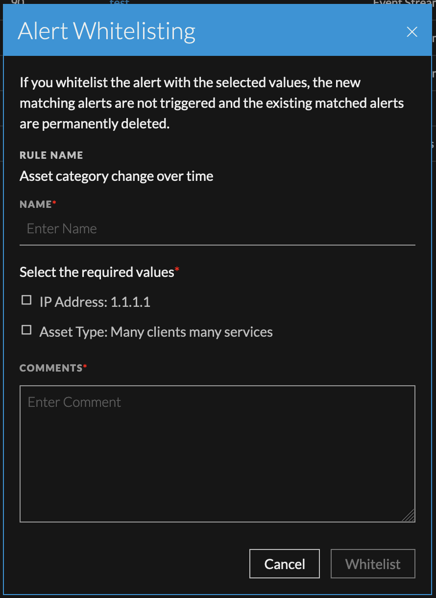 Whitelists Insight Alerts Dialog for configuration